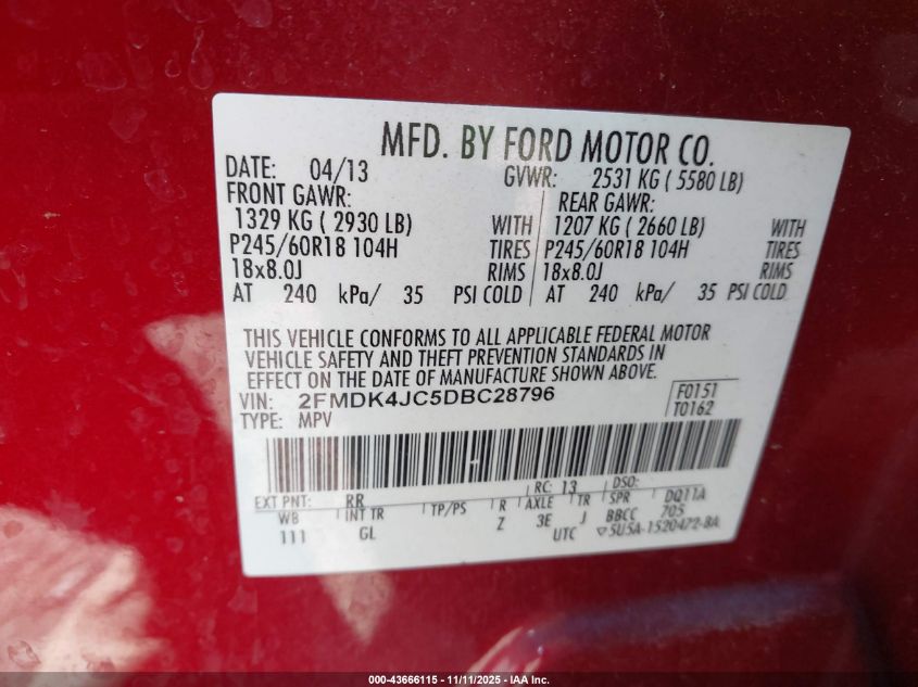 2013 Ford Edge Sel VIN: 2FMDK4JC5DBC28796 Lot: 43666115