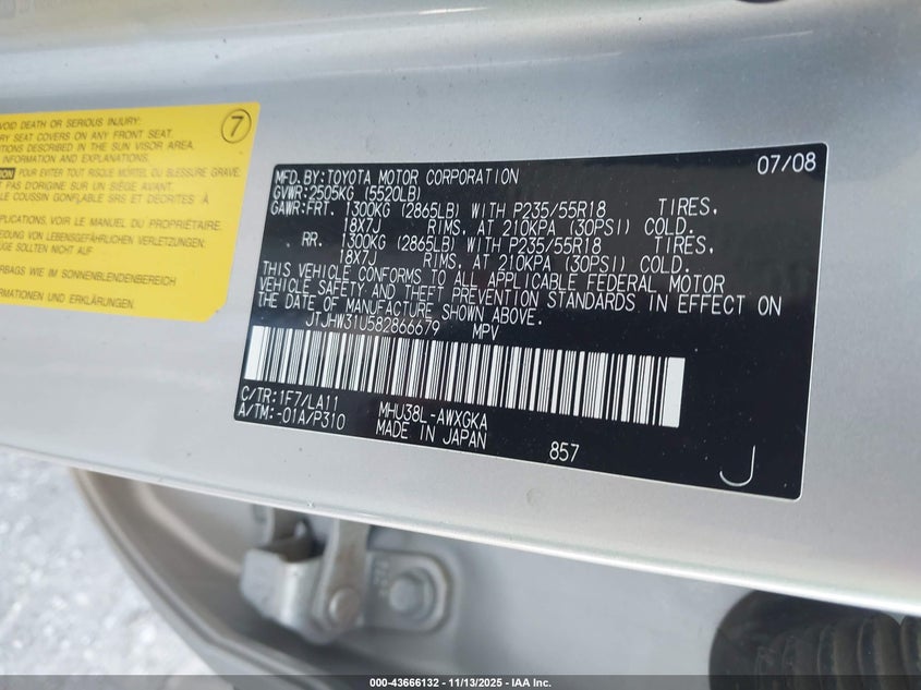 2008 Lexus Rx 400H VIN: JTJHW31U582866679 Lot: 43666132