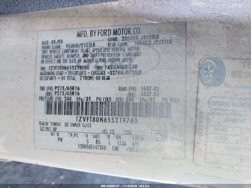 2005 Ford Mustang V6 Deluxe/V6 Premium VIN: 1ZVFT80N655219760 Lot: 43666157