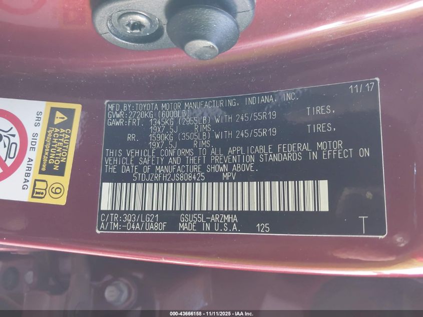 2018 Toyota Highlander Se/Xle VIN: 5TDJZRFH2JS808425 Lot: 43666158