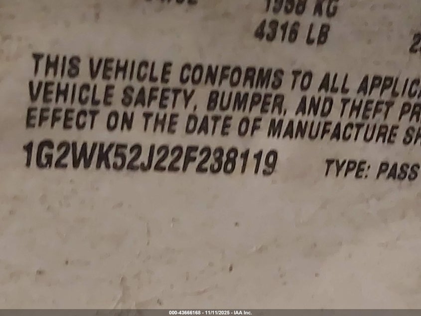 2002 Pontiac Grand Prix Se VIN: 1G2WK52J22F238119 Lot: 43666168