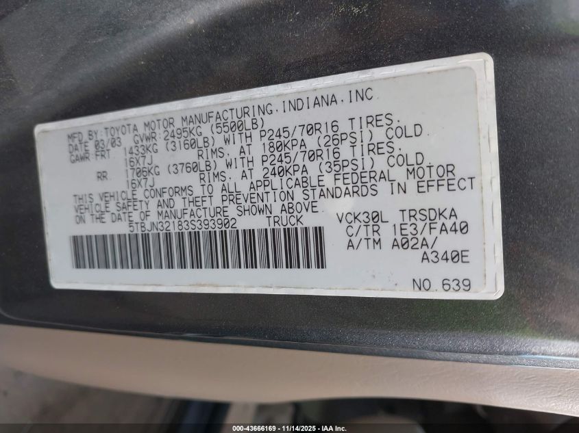 2003 Toyota Tundra VIN: 5TBJN32183S393902 Lot: 43666169