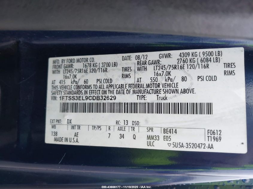 2012 Ford E-350 Super Duty Commercial VIN: 1FTSS3EL9CDB32629 Lot: 43666177