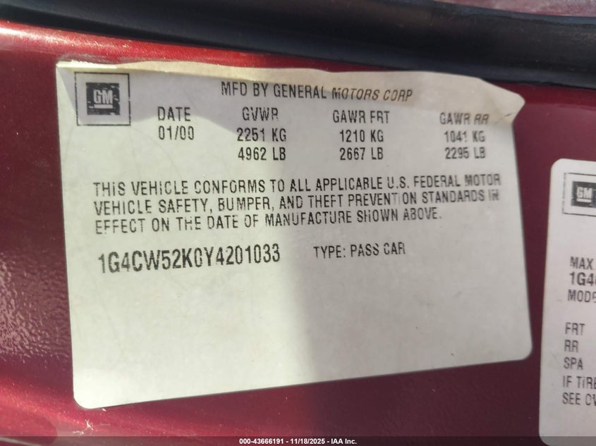 2000 Buick Park Avenue VIN: 1G4CW52K0Y4201033 Lot: 43666191