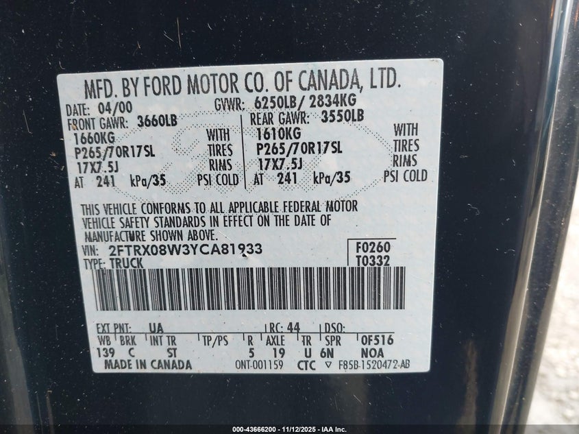 2FTRX08W3YCA81933 2000 FORD F-150 photo no. 9