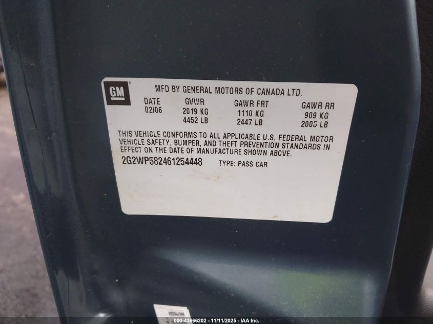 2006 Pontiac Grand Prix VIN: 2G2WP582461254448 Lot: 43666202