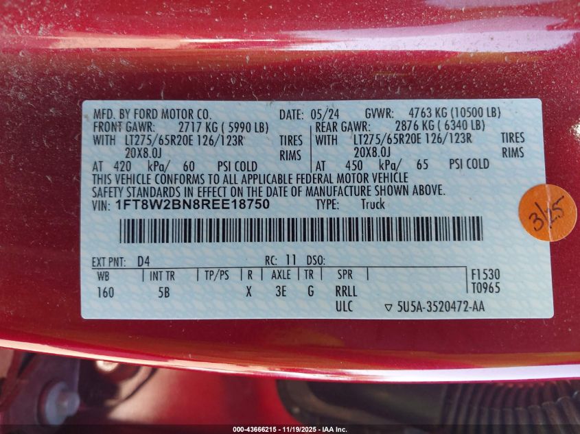 2024 Ford F-250 Lariat VIN: 1FT8W2BN8REE18750 Lot: 43666215
