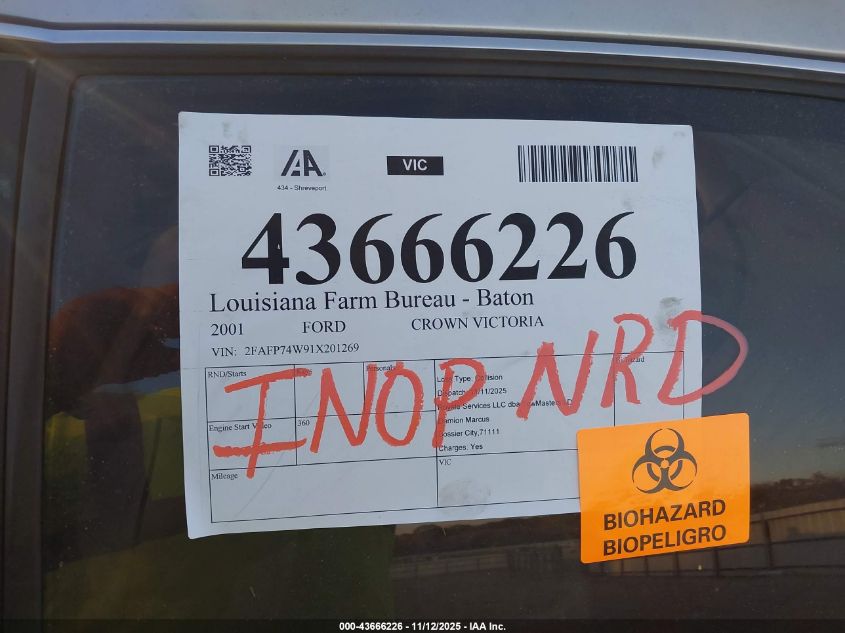 2001 Ford Crown Victoria Lx VIN: 2FAFP74W91X201269 Lot: 43666226