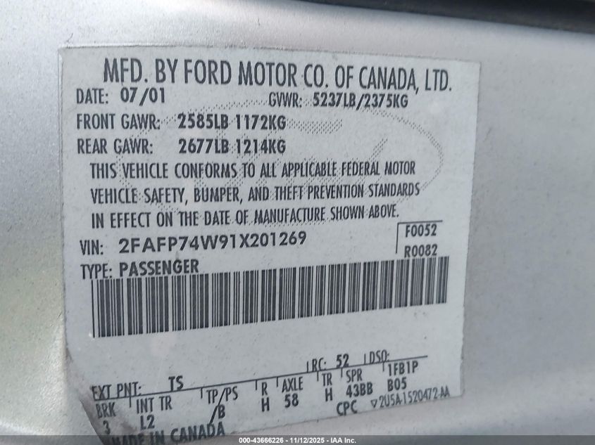 2001 Ford Crown Victoria Lx VIN: 2FAFP74W91X201269 Lot: 43666226