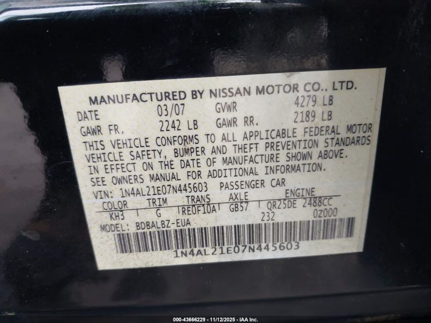 2007 Nissan Altima 2.5 S VIN: 1N4AL21E07N445603 Lot: 43666229