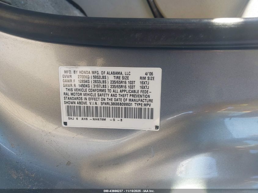 2006 Honda Odyssey Ex-L VIN: 5FNRL38686B099931 Lot: 43666237