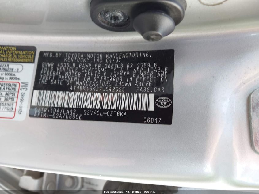 2007 Toyota Camry Xle V6 VIN: 4T1BK46K27U042025 Lot: 43666238