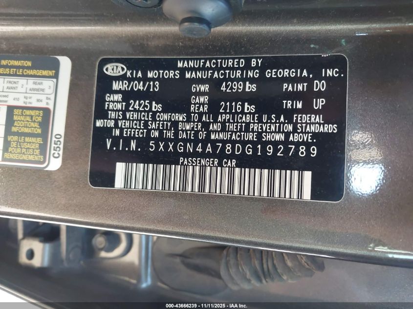 2013 Kia Optima Ex VIN: 5XXGN4A78DG192789 Lot: 43666239