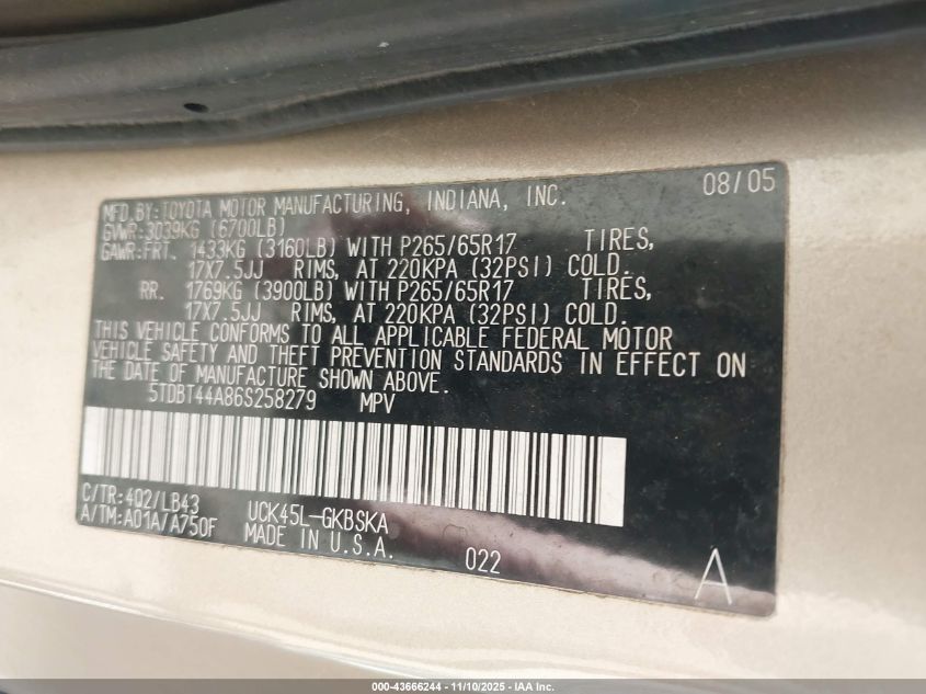 2006 Toyota Sequoia Sr5 V8 VIN: 5TDBT44A86S258279 Lot: 43666244