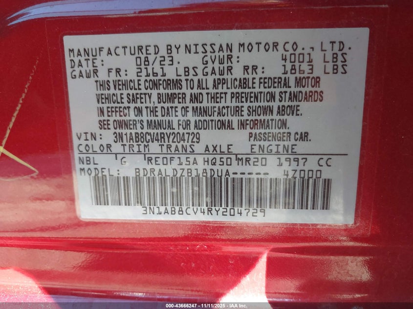 VIN 3N1AB8CV4RY204729 2024 NISSAN SENTRA SV XTRONIC CVT