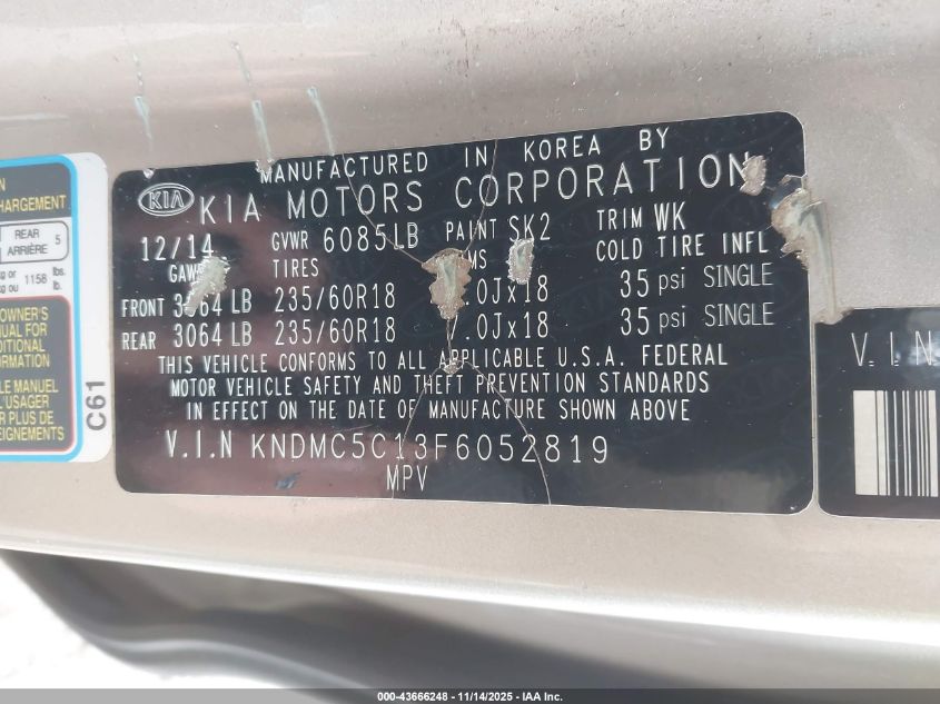 2015 Kia Sedona Sx VIN: KNDMC5C13F6052819 Lot: 43666248