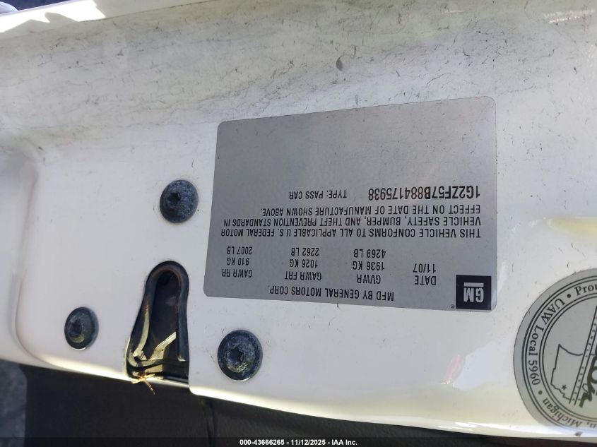 2008 Pontiac G6 Value Leader VIN: 1G2ZF57B884175938 Lot: 43666265