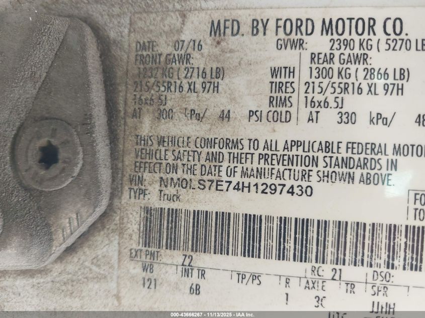 2017 Ford Transit Connect Xl VIN: NM0LS7E74H1297430 Lot: 43666267