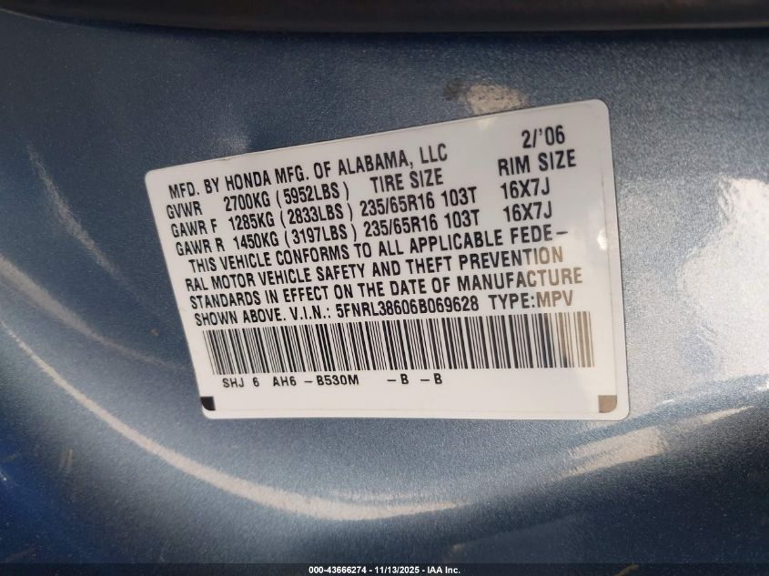 2006 Honda Odyssey Ex-L VIN: 5FNRL38606B069628 Lot: 43666274