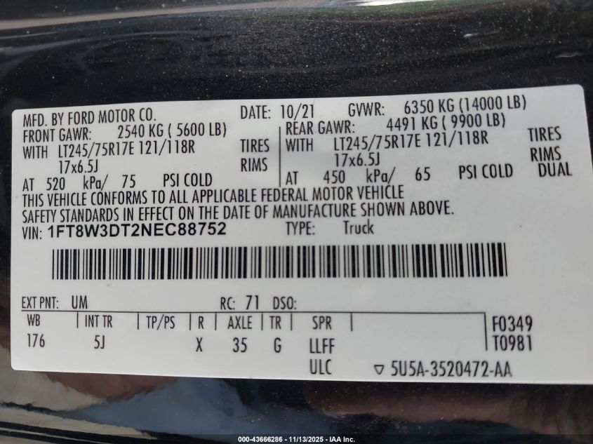 2022 Ford F-350 Lariat VIN: 1FT8W3DT2NEC88752 Lot: 43666286