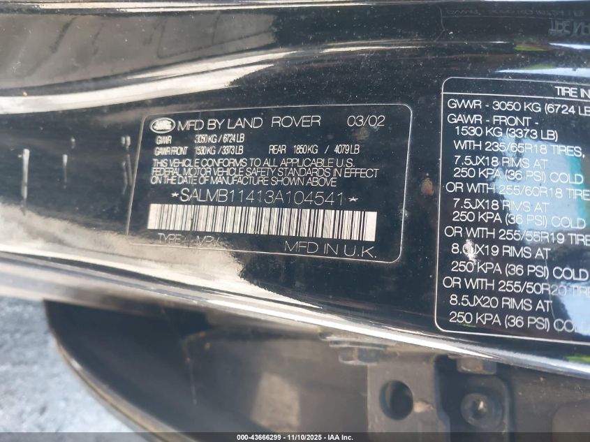 2003 Land Rover Range Rover Hse VIN: SALMB11413A104541 Lot: 43666299