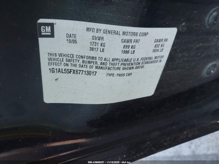 2006 Chevrolet Cobalt Lt VIN: 1G1AL55FX67713017 Lot: 43666307