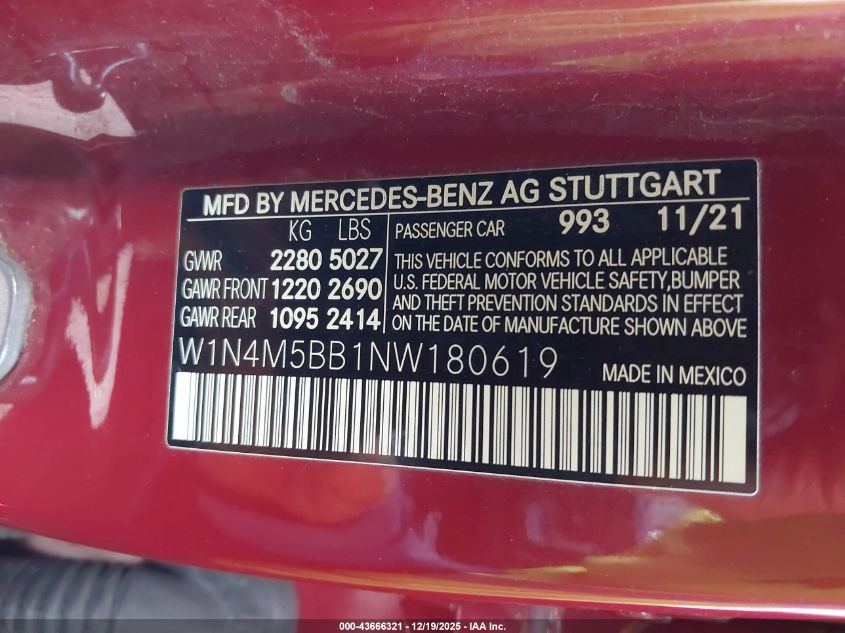 2022 Mercedes-Benz Amg Glb 35 4Matic VIN: W1N4M5BB1NW180619 Lot: 43666321