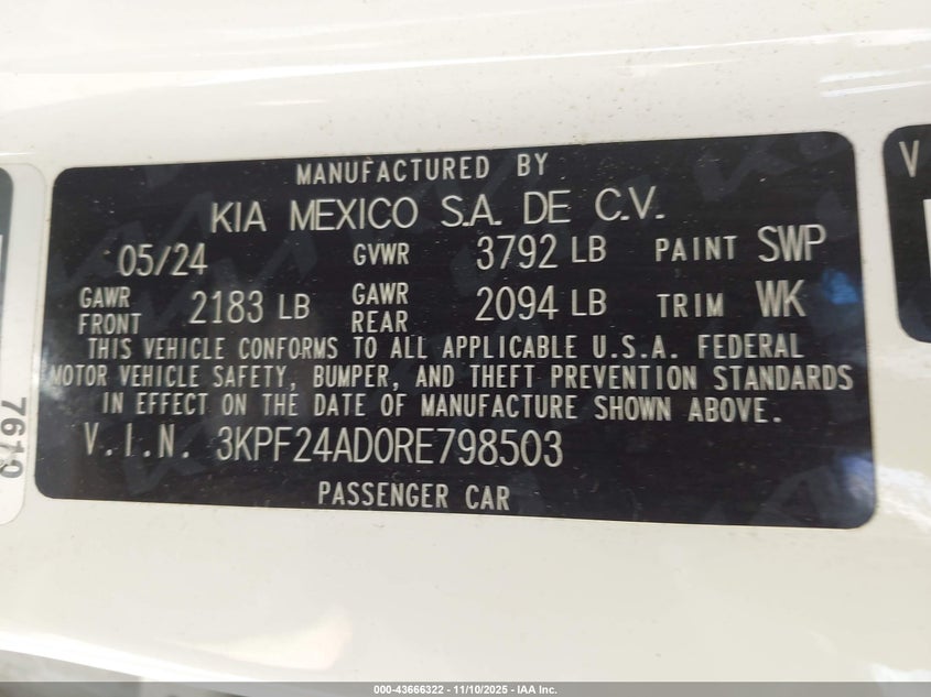2024 KIA FORTE LXS - 3KPF24AD0RE798503