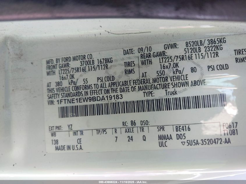 2011 Ford E-150 Commercial VIN: 1FTNE1EW9BDA19183 Lot: 43666324