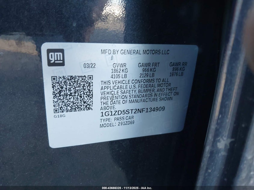 VIN 1G1ZD5ST2NF134909 2022 CHEVROLET MALIBU FWD LT