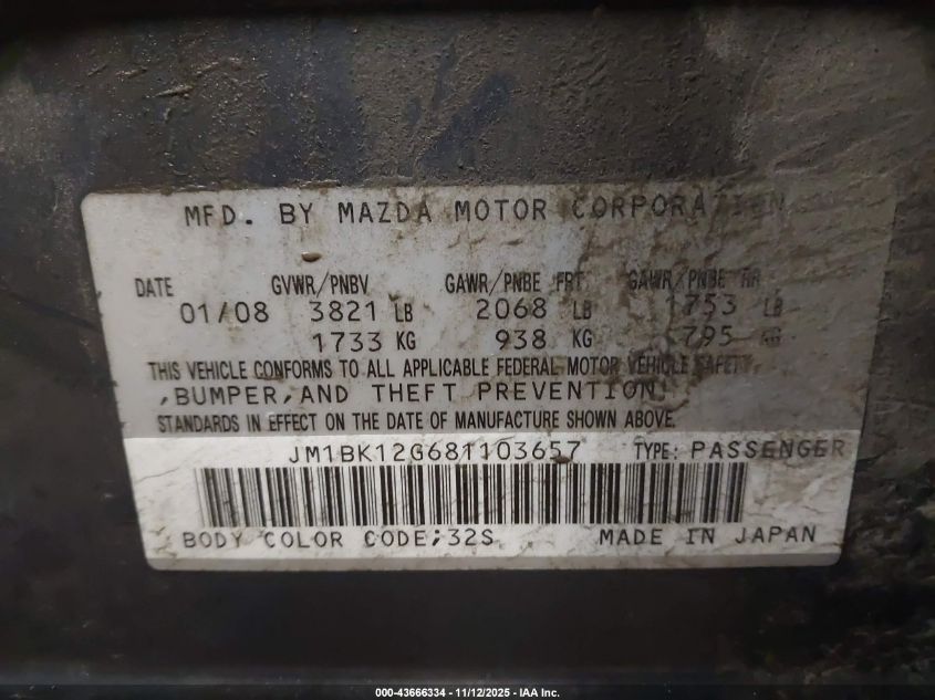 2008 Mazda Mazda3 I Sport VIN: JM1BK12G681103657 Lot: 43666334