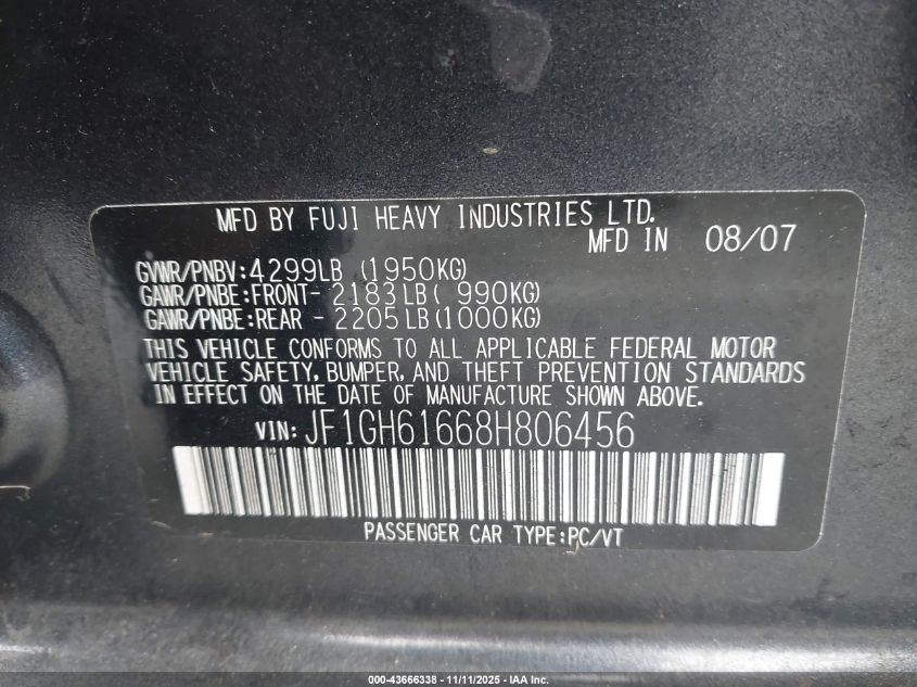 2008 Subaru Impreza 2.5I VIN: JF1GH61668H806456 Lot: 43666338