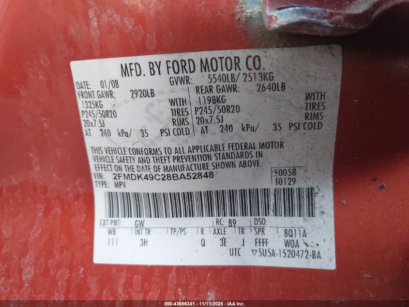 2008 Ford Edge Limited VIN: 2FMDK49C28BA52848 Lot: 43666341