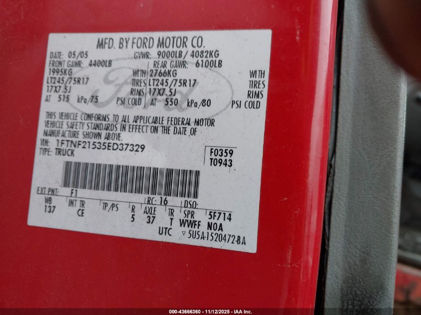 2005 Ford F-250 Xl/Xlt VIN: 1FTNF21535ED37329 Lot: 43666360