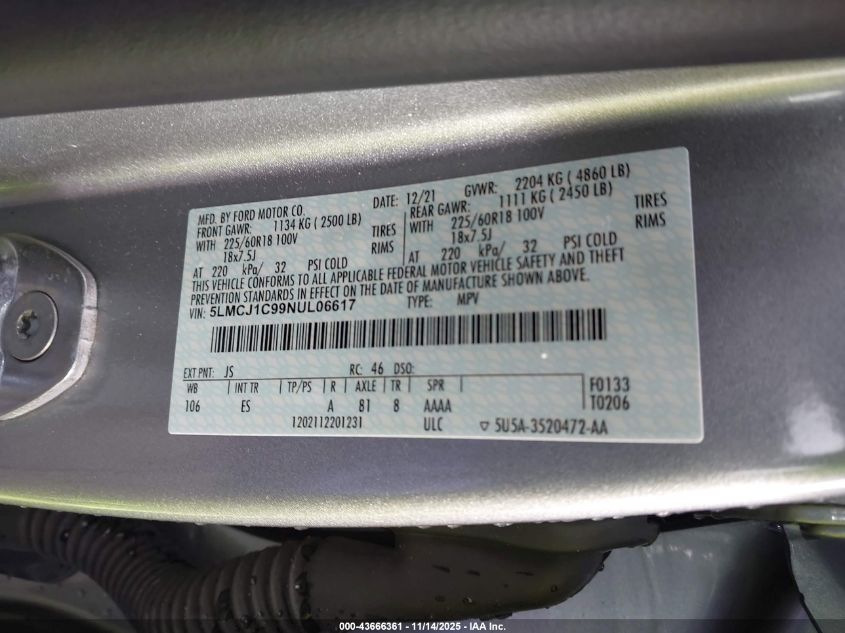 2022 Lincoln Corsair VIN: 0SLMC1C99NJL06617 Lot: 43666361