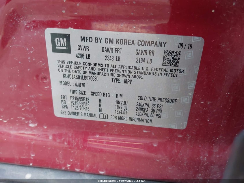 2020 Buick Encore Fwd Preferred VIN: KL4CJASB1LB020680 Lot: 43666390