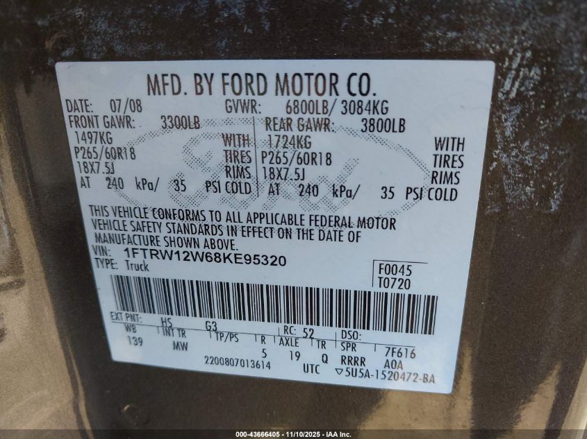 2008 Ford F-150 60Th Anniversary/Fx2/Xl/Xlt VIN: 1FTRW12W68KE95320 Lot: 43666405