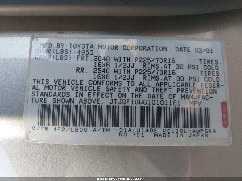 2001 Lexus Rx 300 VIN: JTJGF10U610101161 Lot: 43666427