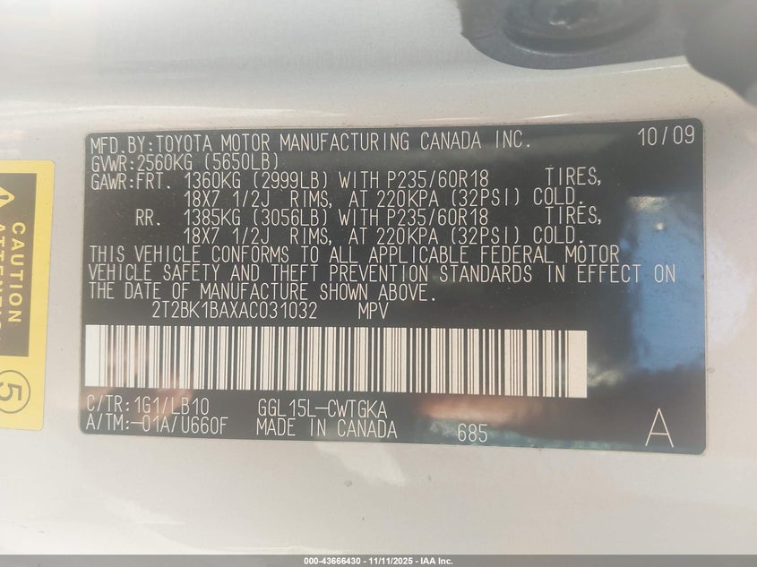 2010 Lexus Rx 350 VIN: 2T2BK1BAXAC031032 Lot: 43666430