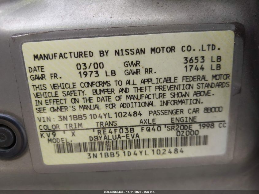 2000 Nissan Sentra Se VIN: 3N1BB51D4YL102484 Lot: 43666436