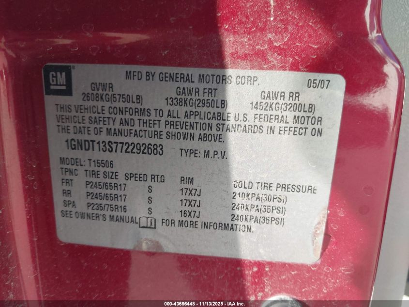 2007 Chevrolet Trailblazer Ls VIN: 1GNDT13S772292683 Lot: 43666448