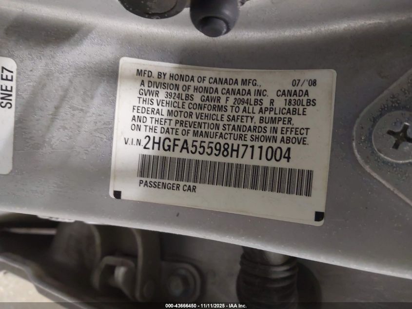 2008 Honda Civic Si/Si Mugen VIN: 2HGFA55598H711004 Lot: 43666450