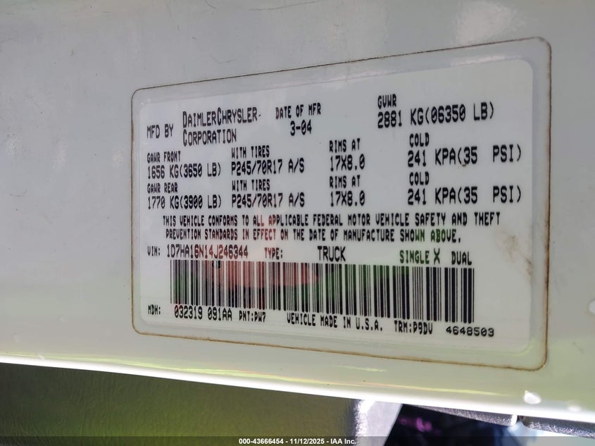 2004 Dodge Ram 1500 St VIN: 1D7HA16N14J246344 Lot: 43666454