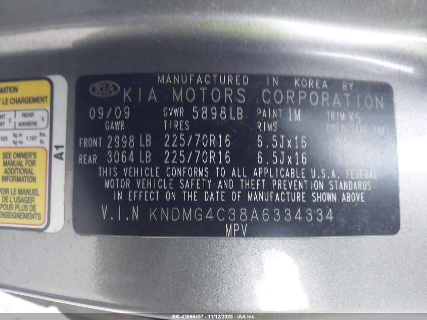 2010 Kia Sedona Lx VIN: KNDMG4C38A6334334 Lot: 43666457