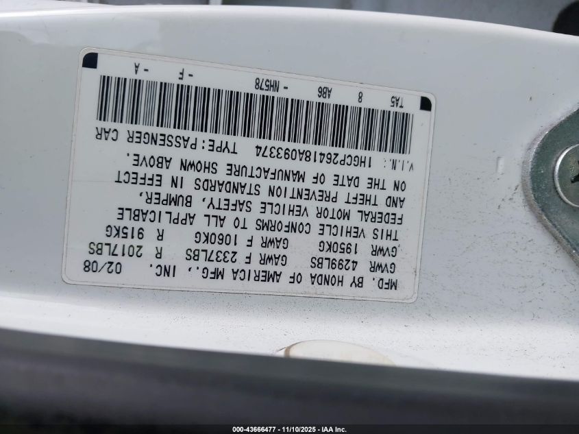 2008 Honda Accord 2.4 Lx-P VIN: 1HGCP26418A093374 Lot: 43666477