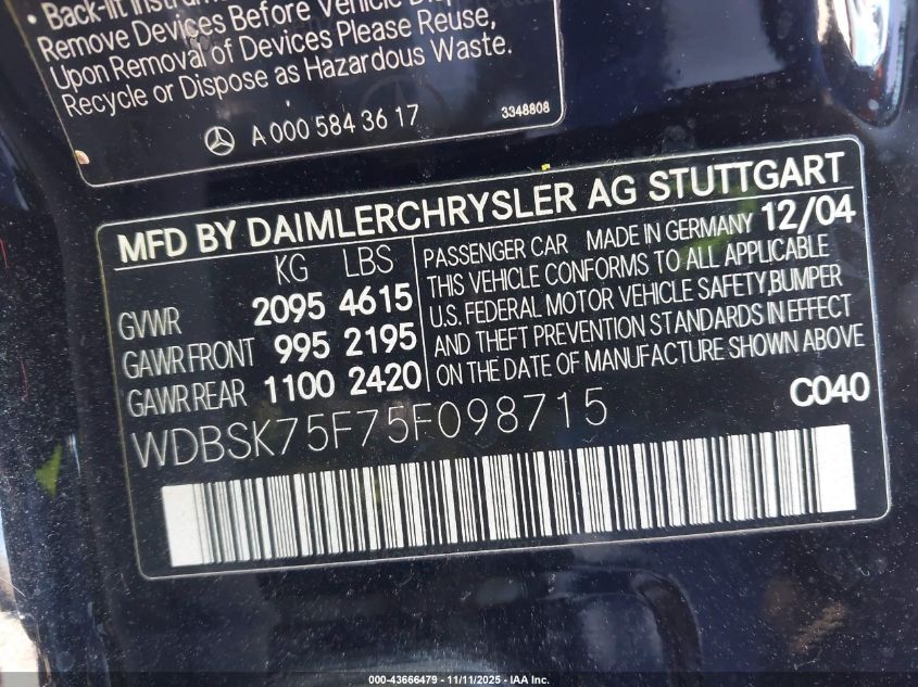 2005 Mercedes-Benz Sl 500 VIN: WDBSK75F75F098715 Lot: 43666479
