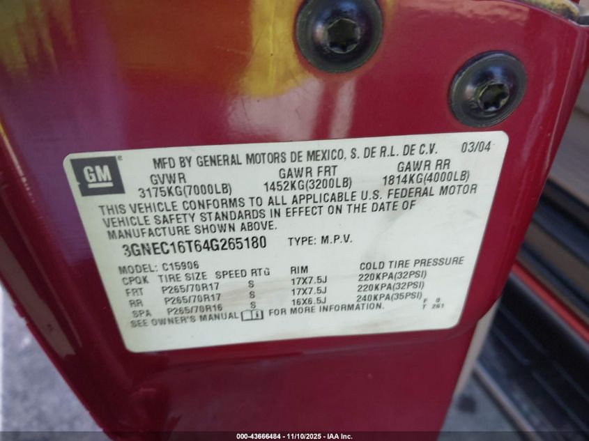 2004 Chevrolet Suburban 1500 Ls VIN: 3GNEC16T64G265180 Lot: 43666484