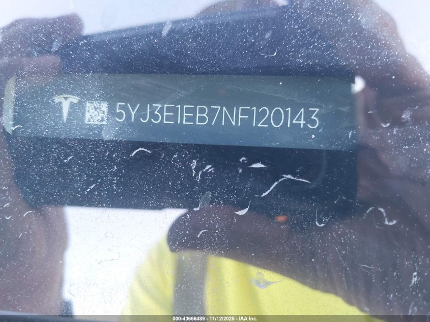 2022 Tesla Model 3 Long Range Dual Motor All-Wheel Drive VIN: 5YJ3E1EB7NF120143 Lot: 43666489