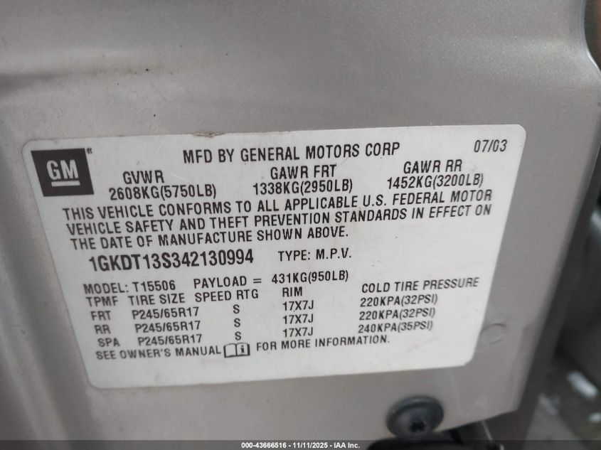 2004 GMC Envoy Slt VIN: 1GKDT13S342130994 Lot: 43666516