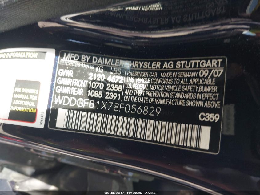 2008 Mercedes-Benz C 300 Luxury 4Matic/Sport 4Matic VIN: WDDGF81X78F056829 Lot: 43666517